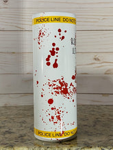 Load image into Gallery viewer, “Blood stains are red, ultraviolet lights are blue...forensic shows w/police line” 20 oz Glossy Straight Skinny Tumbler
